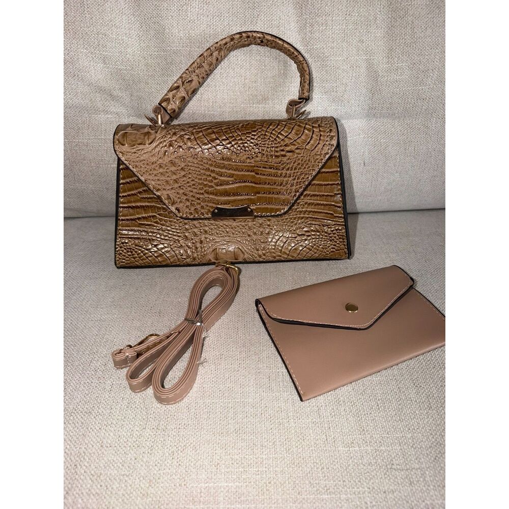 Brown Croc Embossed Handbag Set – Crossbody Strap & Pouch – Women’s Purse – New